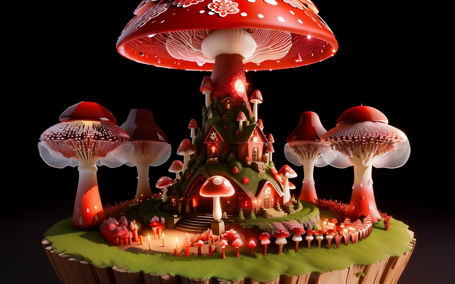beautiful wide red crystal mushroom anthill, some fairy lights on, 3D, HD, small flower tower on top