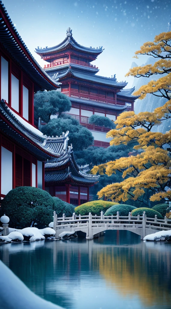 Masterpiece, best quality, high quality, extremely detailed CG unity 8k wallpaper, classical Chinese garden, landscape, Suzhou, winter, ((snowing)), outdoor, sky, daytime, landscape, water, tree, blue sky, waterfall, nature, lake, river, cloudy sky, award winning photography, bokeh, depth of field, HDR, bloom, chromatic aberration, realism, very detailed, trends on artstation, trends on CGsociety, intricate, high detail, dramatic, Midjourney art