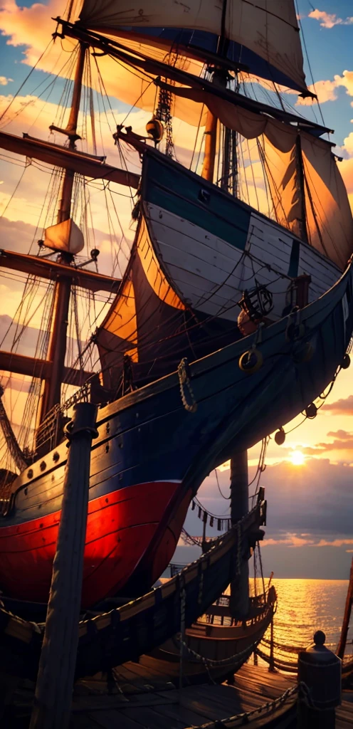 1girl, solo,happy,posing,bangs, multicolored hair, pirate ship background, (masterpiece:1.2), highres, sunset pirate ship background, best quality, 8k, pirate, blue hair, green highlights