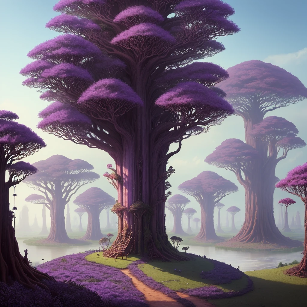 An anthill on a platform, an anthill is a tall magic tree with purple leaves, similar trees are found in swamps, there are plenty of lianas, the tree resembles a sorcerer's tree as if from the magical world
