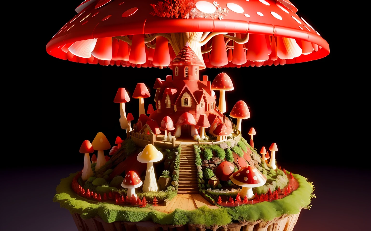 beautiful wide red crystal mushroom anthill, some fairy lights on, 3D, HD, small flower tower on top