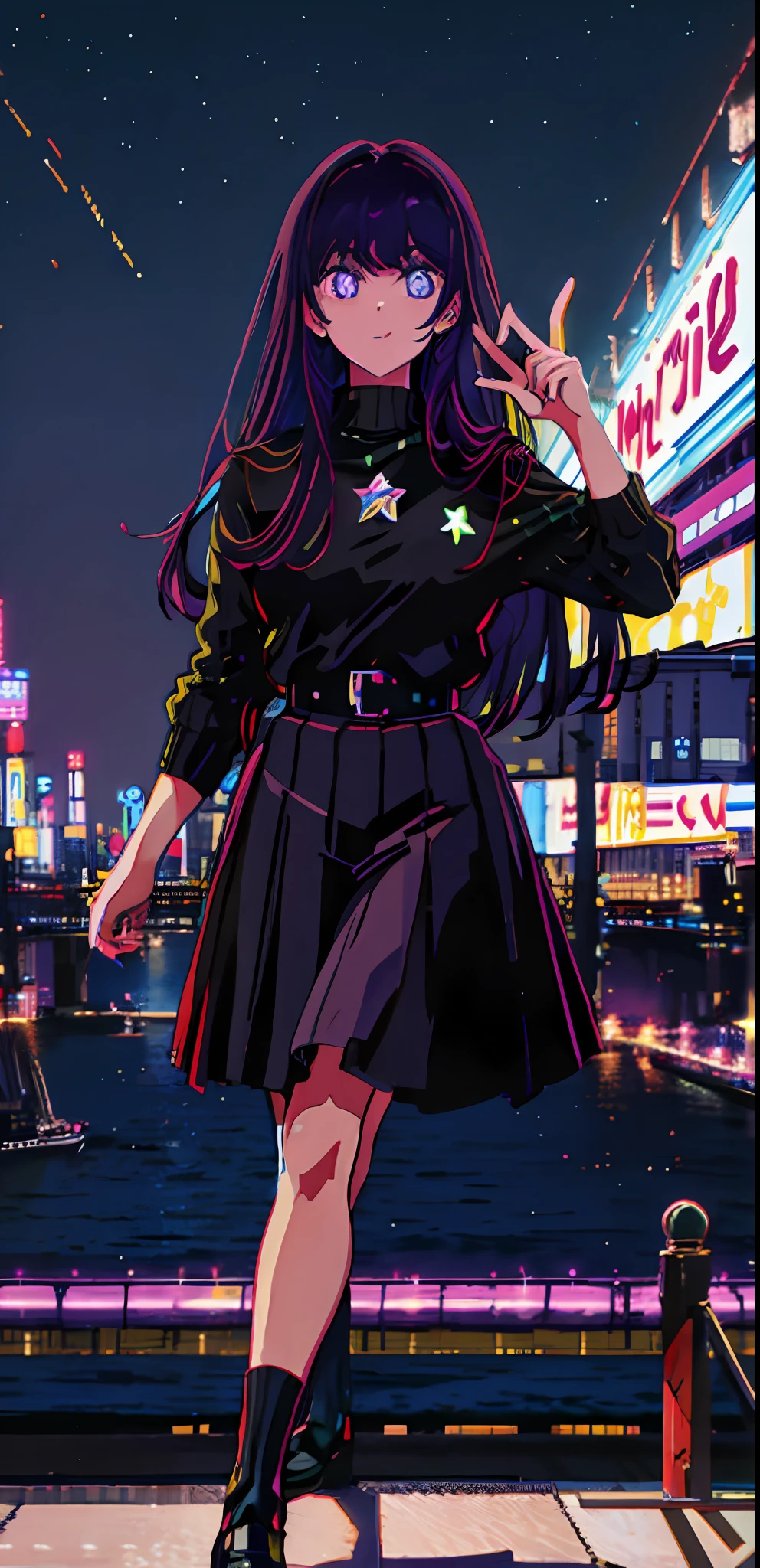 1girl, solo, black sweater uniform, bangs,happy,posing, multicolored hair, (masterpiece:1.2), highres, best quality, 8k, Night neon city Tokyo background,purple hair, star eye pupils, purple eyes