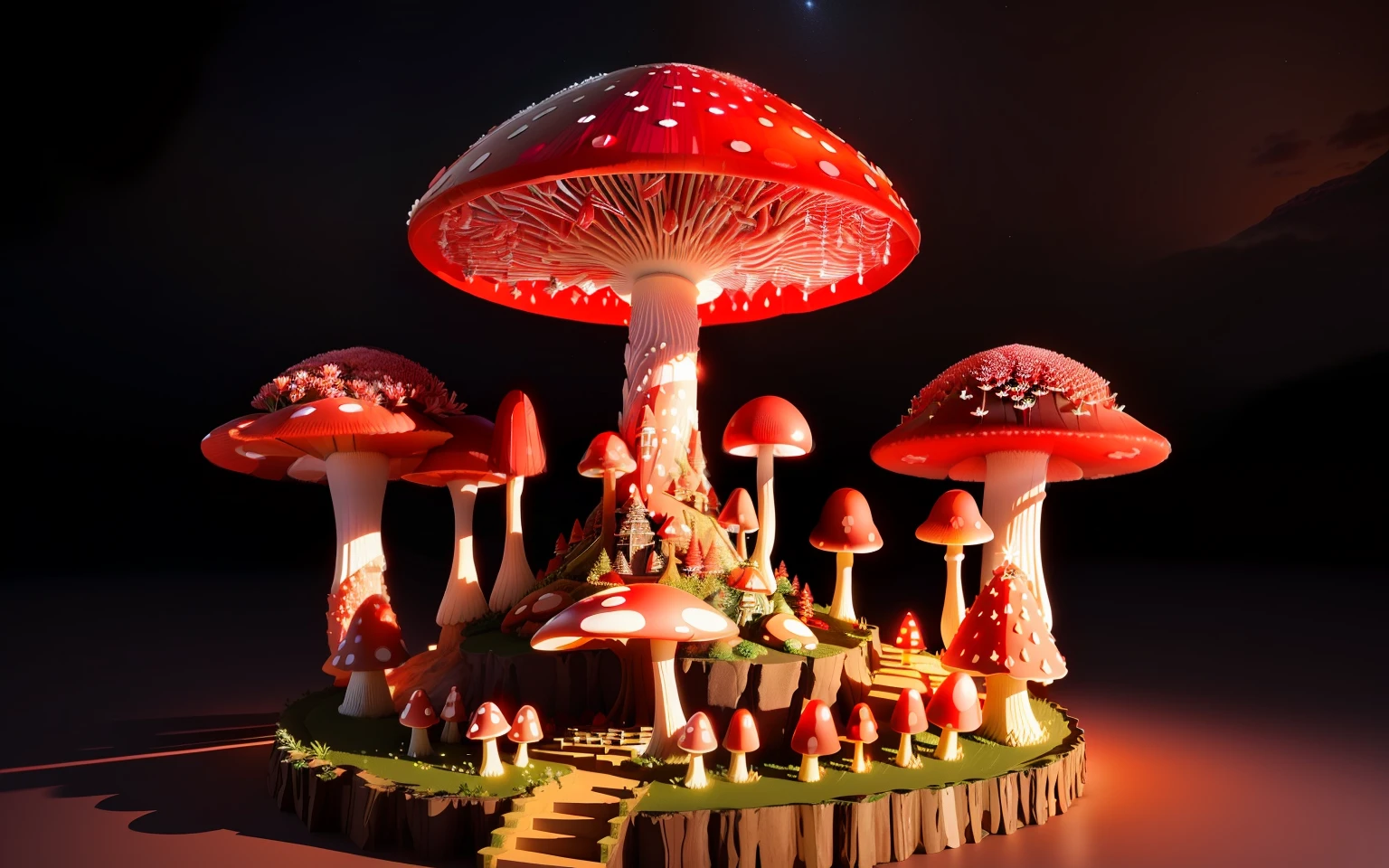 beautiful wide red crystal mushroom anthill, some fairy lights on, 3D, HD, small flower tower on top