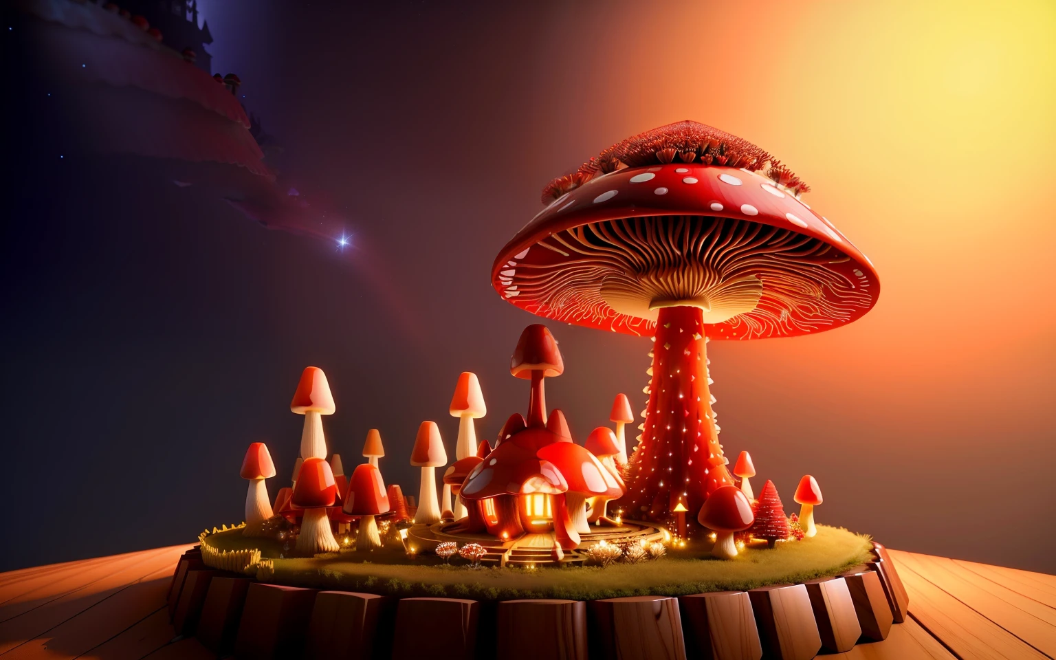 beautiful wide red crystal mushroom anthill, some fairy lights on, 3D, HD, small flower tower on top