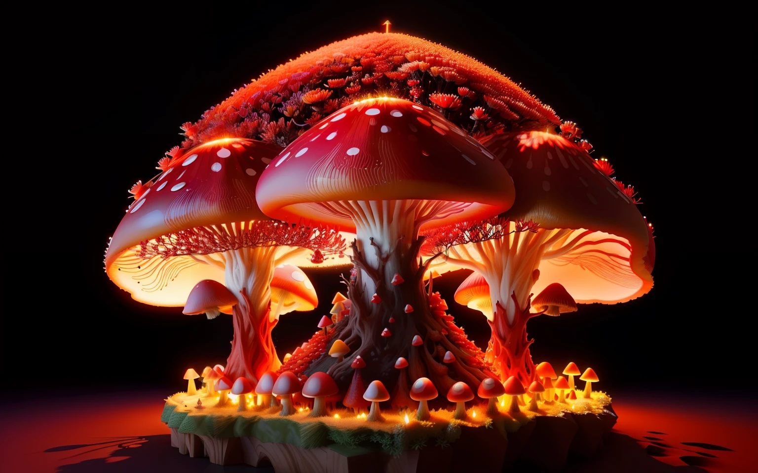 beautiful wide red crystal mushroom anthill, some fairy lights on, 3D, HD, small flower tower on top