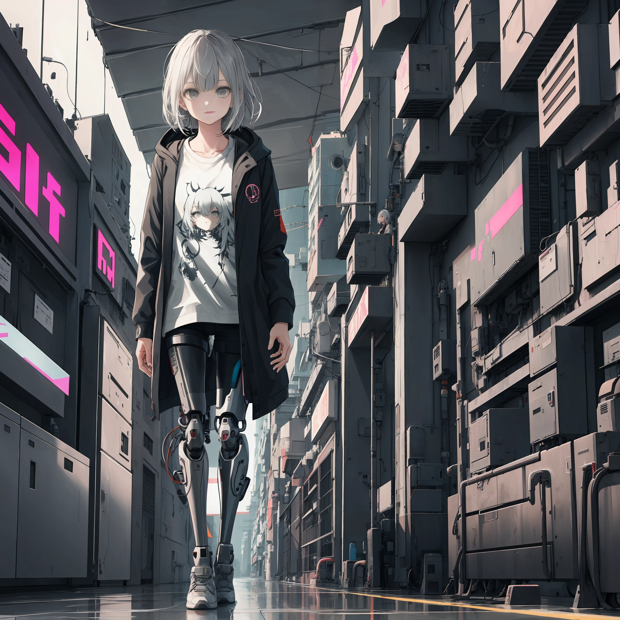 ((HD quality)), ((cute style)), ((casual)), ((1girl)), full body photo, mechanical prosthesis, shirt, gray coat, vectorization, cyberpunk