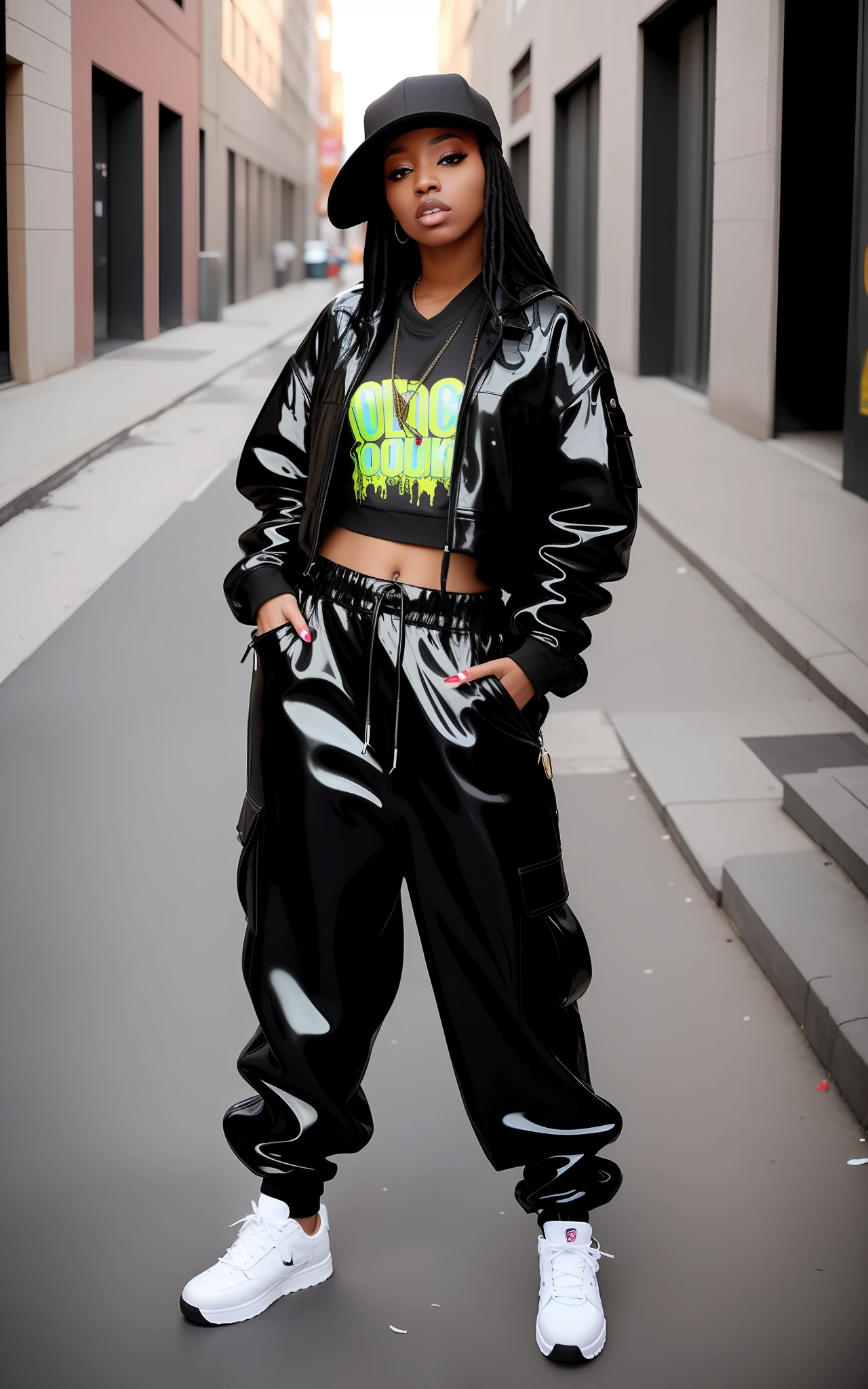 A mesmerizing female rapper black oozing goo drippy oozing hip hop baggy saggy clothes recling on street turf