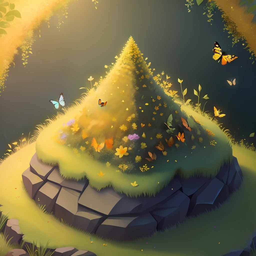 ant hill made of flowers and grass on a rock pile in a deep forest. gold glitter. butterflies