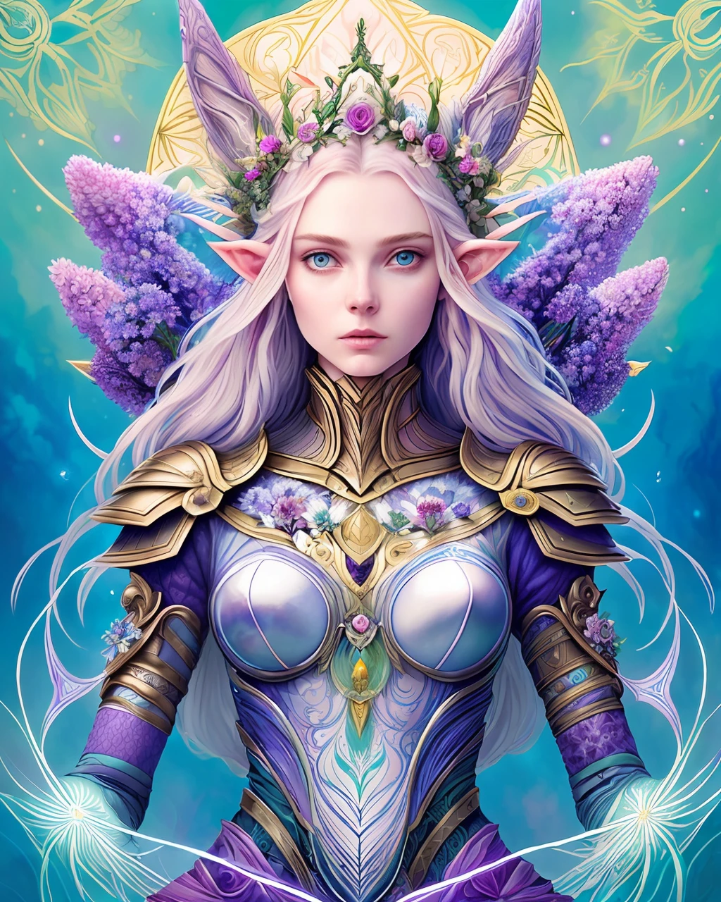 A tarot card of a gorgeous beautiful elf warrior queen, fractal magic, illustration in the style of Travis Charest, ink linework, poster, Elle Fanning model, cgsociety, fantasy art, detailed illustration, mystical, A botanical masterpiece, detailed, hyper-realistic, elemets of symbolism and surrealism, intricate design, intertwined, beautiful woman, flowers, pastel.
