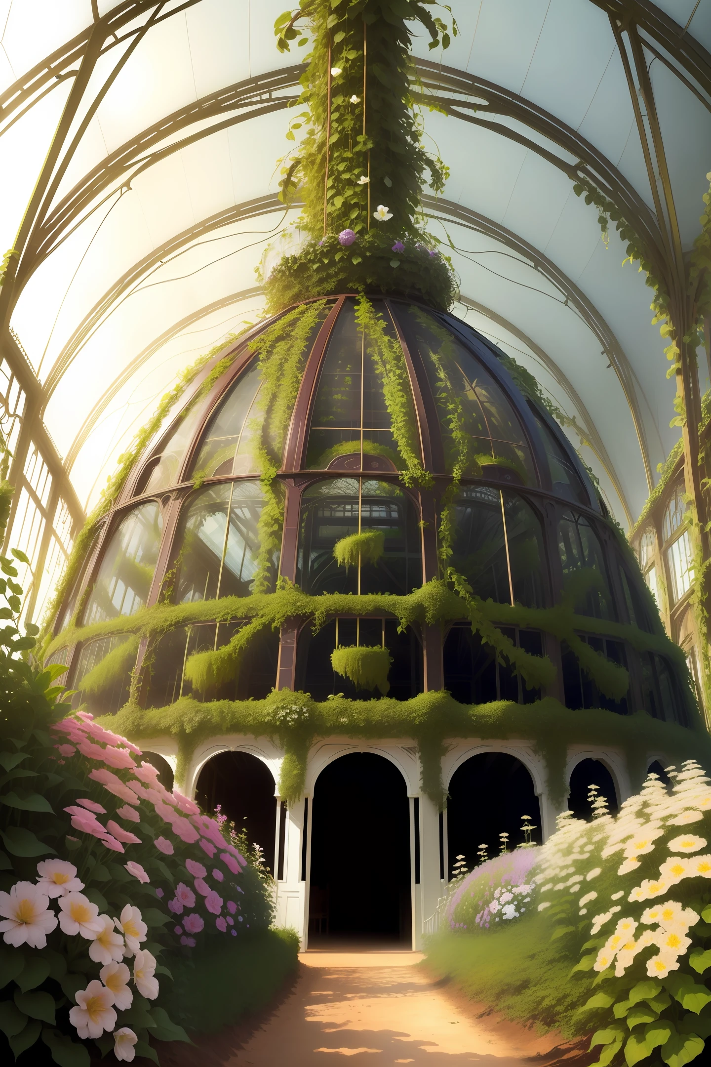 large anthill that looks like Victorian greenhouse, plants, flowers