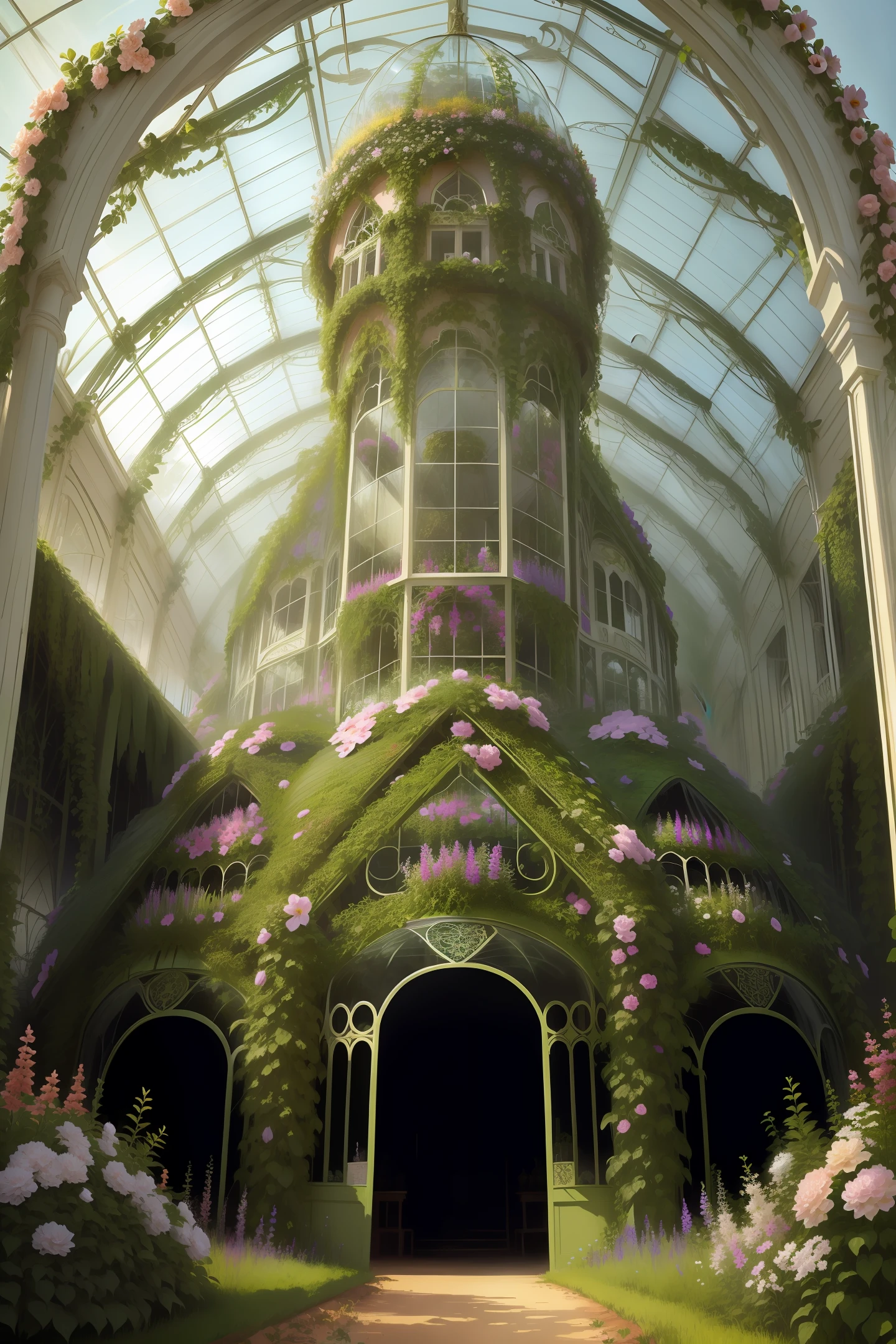 large anthill that looks like Victorian greenhouse, plants, flowers