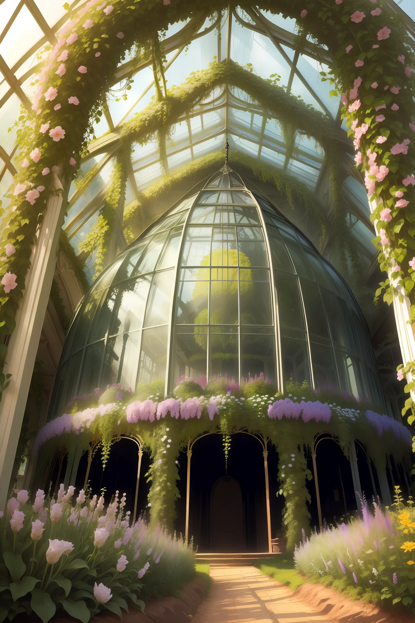 large anthill that looks like Victorian greenhouse, plants, flowers