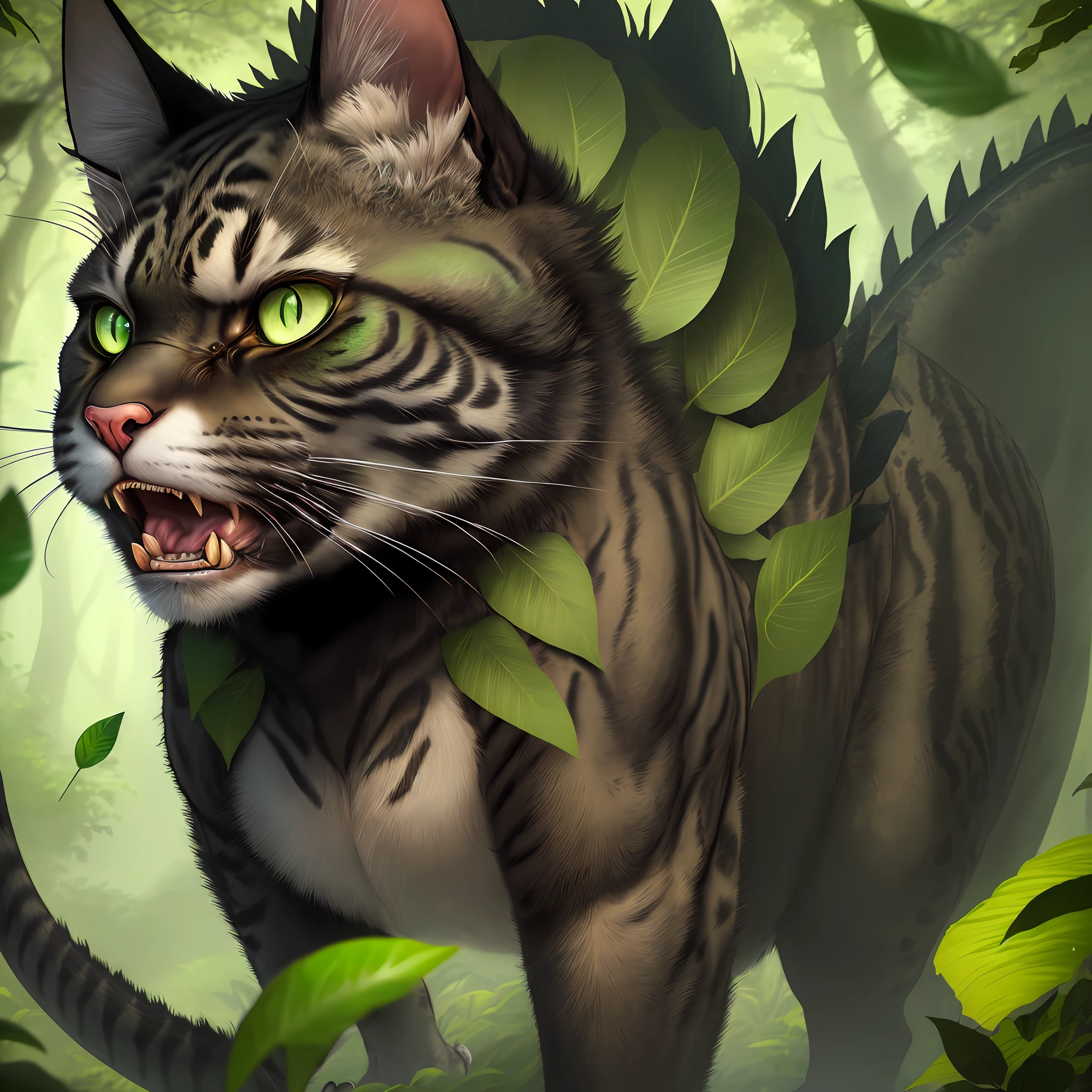 A hyper-realistic depiction of a female cat-dinosaur hybrid on a green background with green eyes, a large head and black fur, who has an angry expression and is inspired by fantasy. In the background are leaves and trees