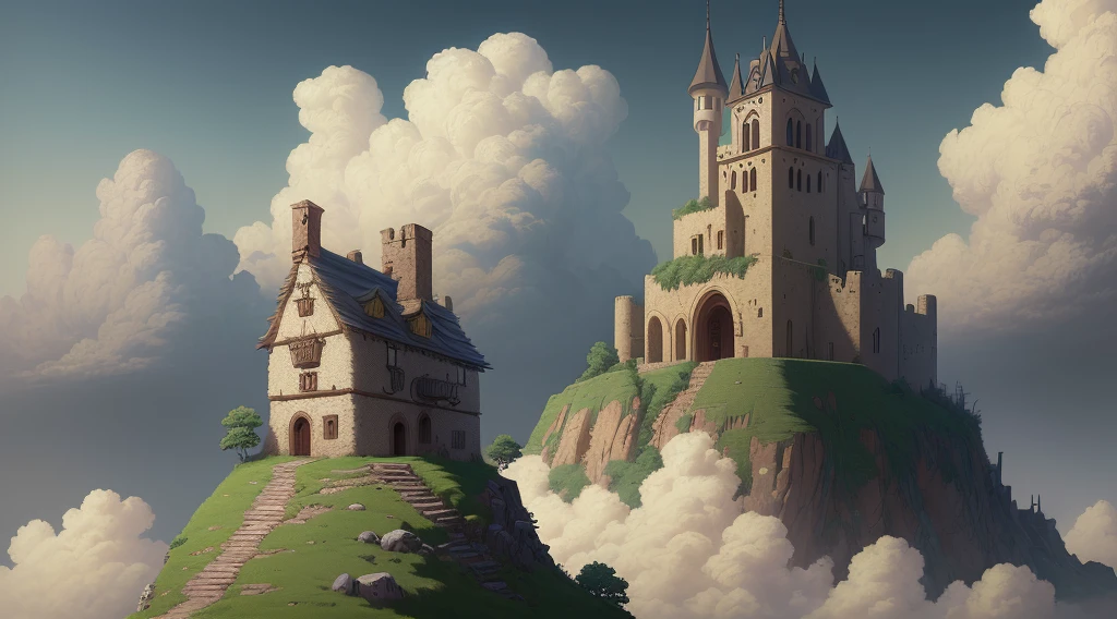 (Ultra detailed), (masterpiece), (best quality), (very detailed CG unit 8k wallpaper), (((extremely wide shot)))), ((a medieval explorer)), male, exploring a ruined medieval city, deformed clouds, back view, on a small hill, male anatomy, ((Studio Ghibli)), soft light, conceptual art, dramatic, cinematic, highly detailed, stylized wallpaper,