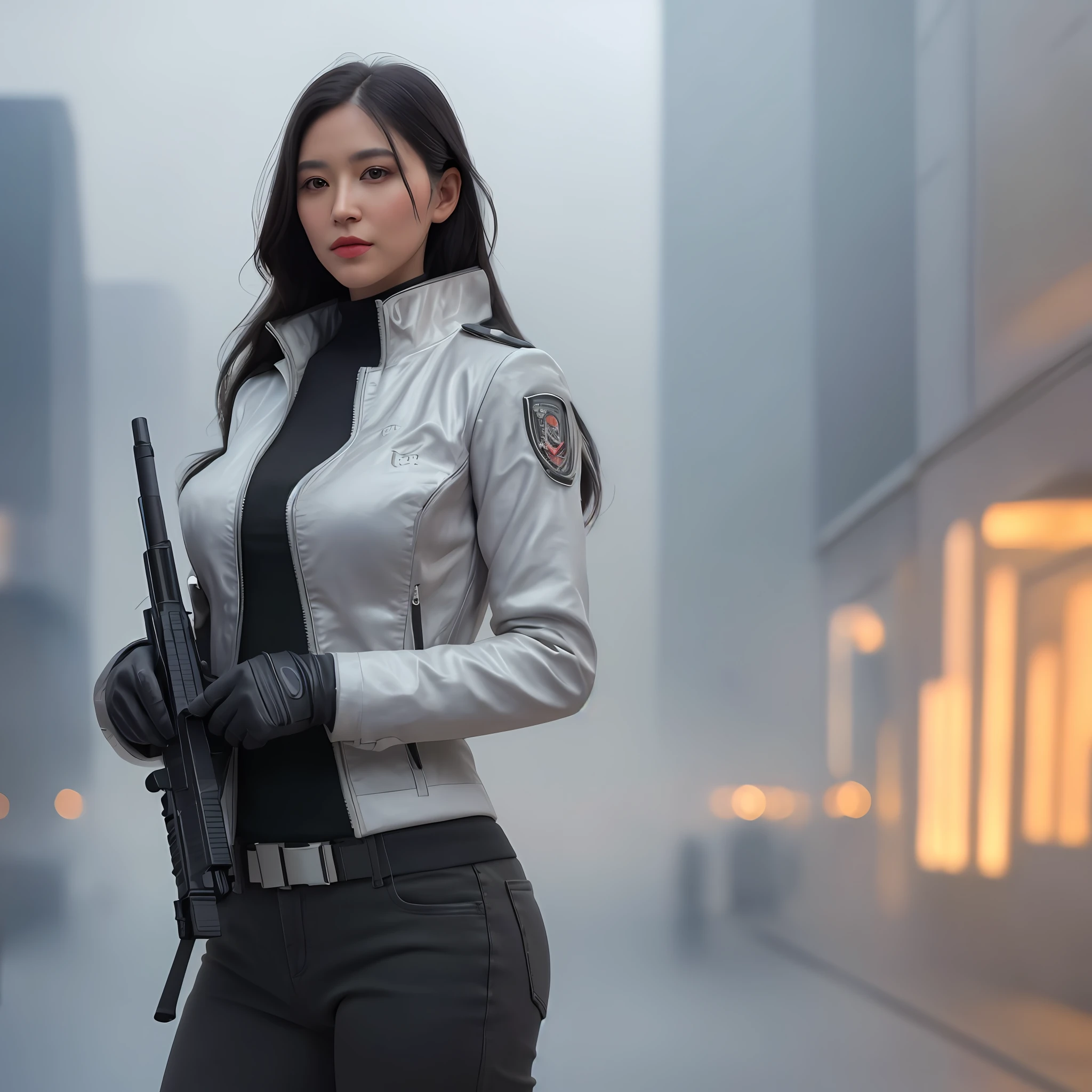 beautiful woman, like a secret agent, holding a gun, stunning modern urban environment, ultra realistic, concept art, elegant, highly detailed, intricate, sharp focus, depth of field, f/1. 8, 85mm, medium shot, mid shot, (((professionally color graded))), bright soft diffused light, (volumetric fog), trending on instagram, hdr 4k, 8k