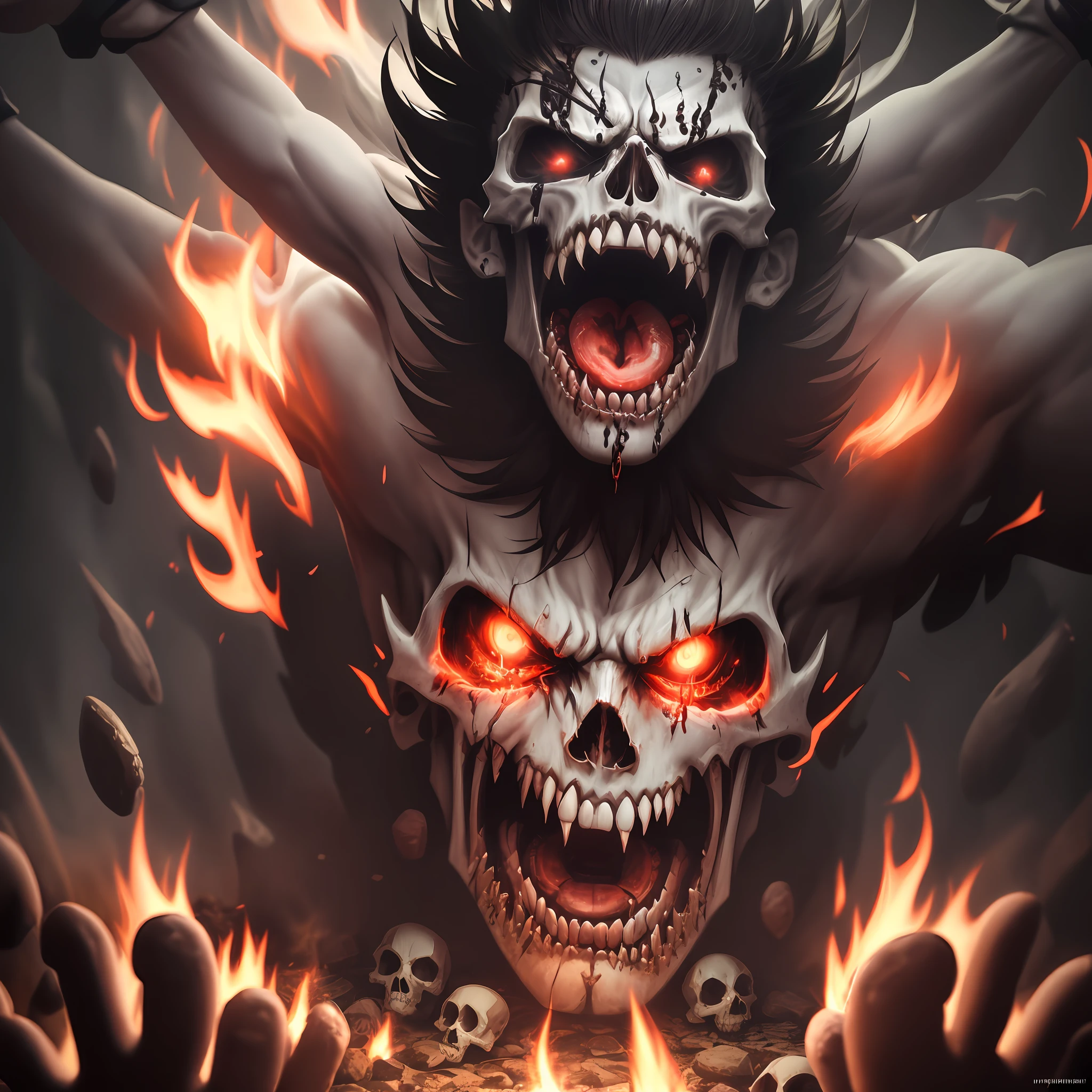 8k wallpaper, spirit screaming in pain, position of suffering and anguish, infernal senary with skulls on the floor