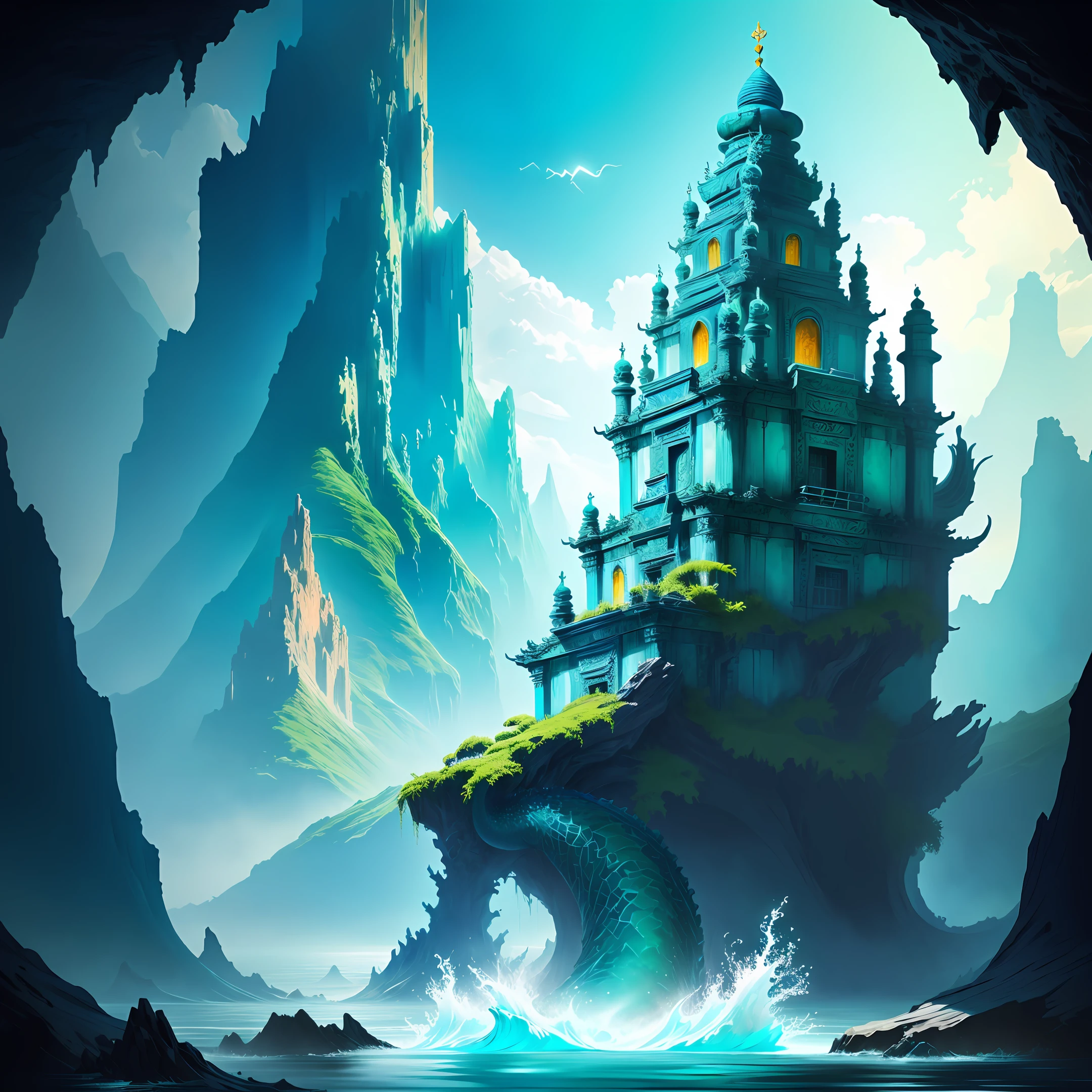 epic color blue green submerged temple with beastly sea dragon residing in it, vivid, fantasy, art