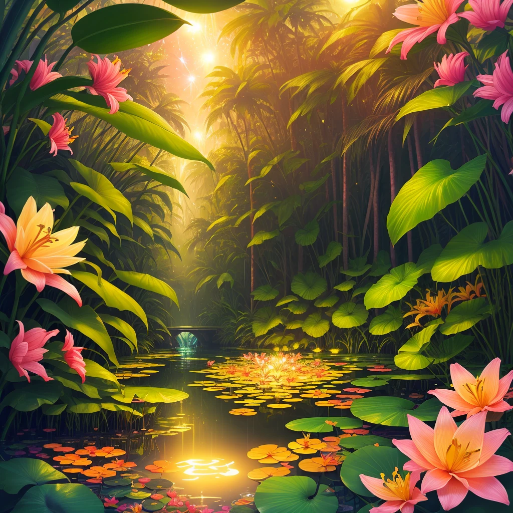 colorful tropical paradise jungle with golden lily pads and pink flowers and fireflies