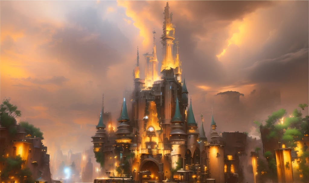 ((masterpiece)),((best quality)),((high detial)),((realistic,)) Industrial age city, deep canyons in the middle, architectural streets, bazaars, Bridges, rainy days, steampunk, European architecture