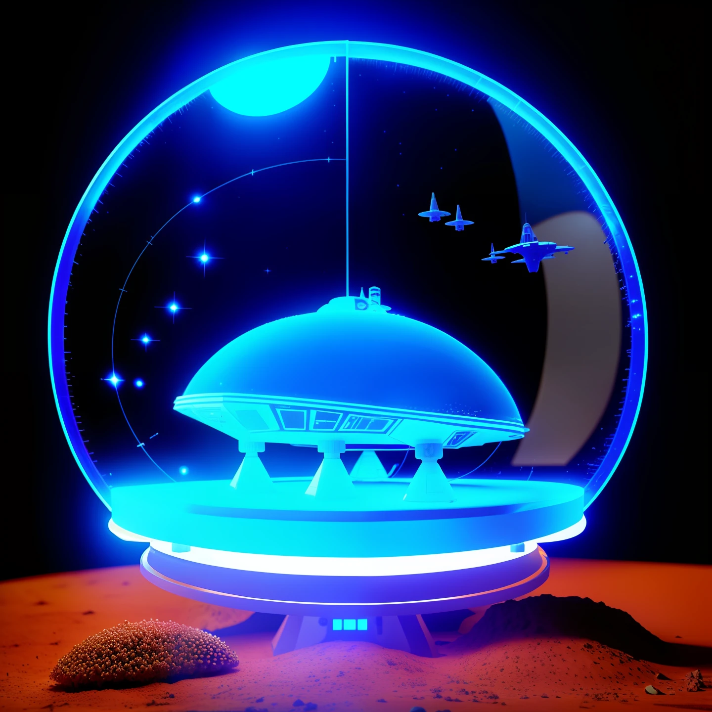 viewing a transparent 3d hologram of an anthill while on a spaceship, science fiction, star wars, blue glow