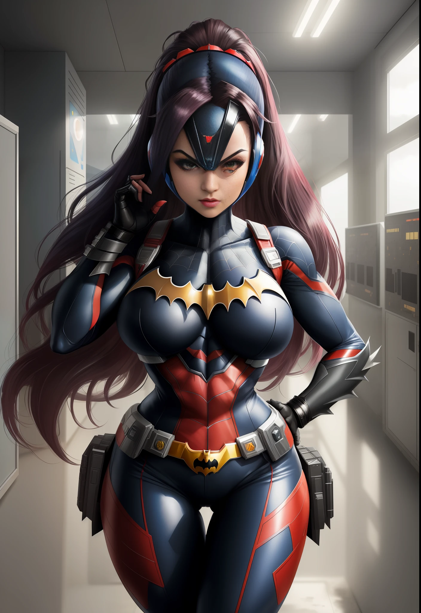 ((Image by 1woman/Mega Man-X/Batman/Spider-Man/Kamen Rider)), Max resolution/detail/quality/sharpness. Unreal Engine 5, Anime style, long mohawk hair/eyes, huge breasts1, looking at the viewer furiously, pose with futuristic armada, showing off to the viewer, in a futuristic military base in front of the entrance of a laboratory.