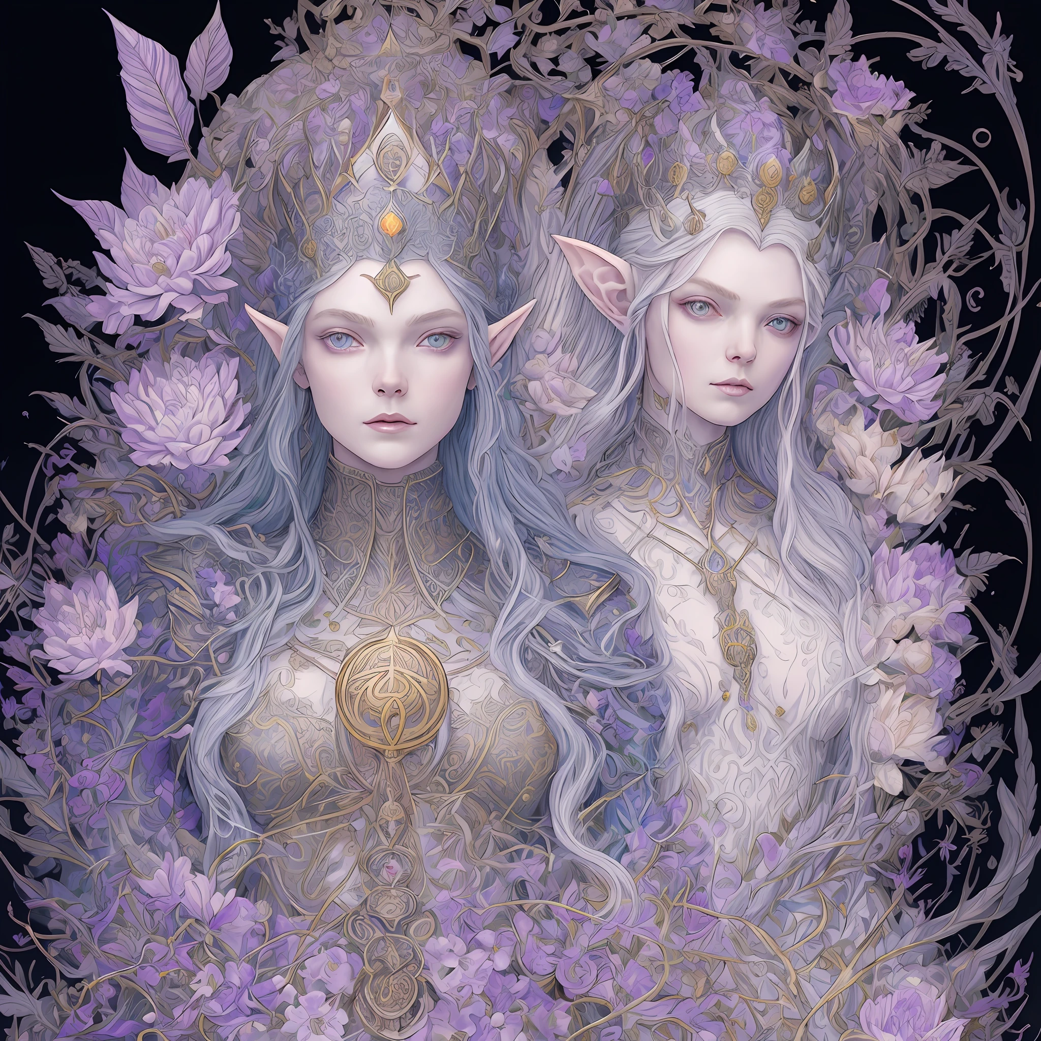 A tarot card of a gorgeous beautiful elf warrior queen, fractal magic, illustration in the style of Travis Charest, ink linework, poster, Elle Fanning model, cgsociety, fantasy art, detailed illustration, mystical, A botanical masterpiece, detailed, hyper-realistic, elemets of symbolism and surrealism, intricate design, intertwined, beautiful woman, flowers, pastel.