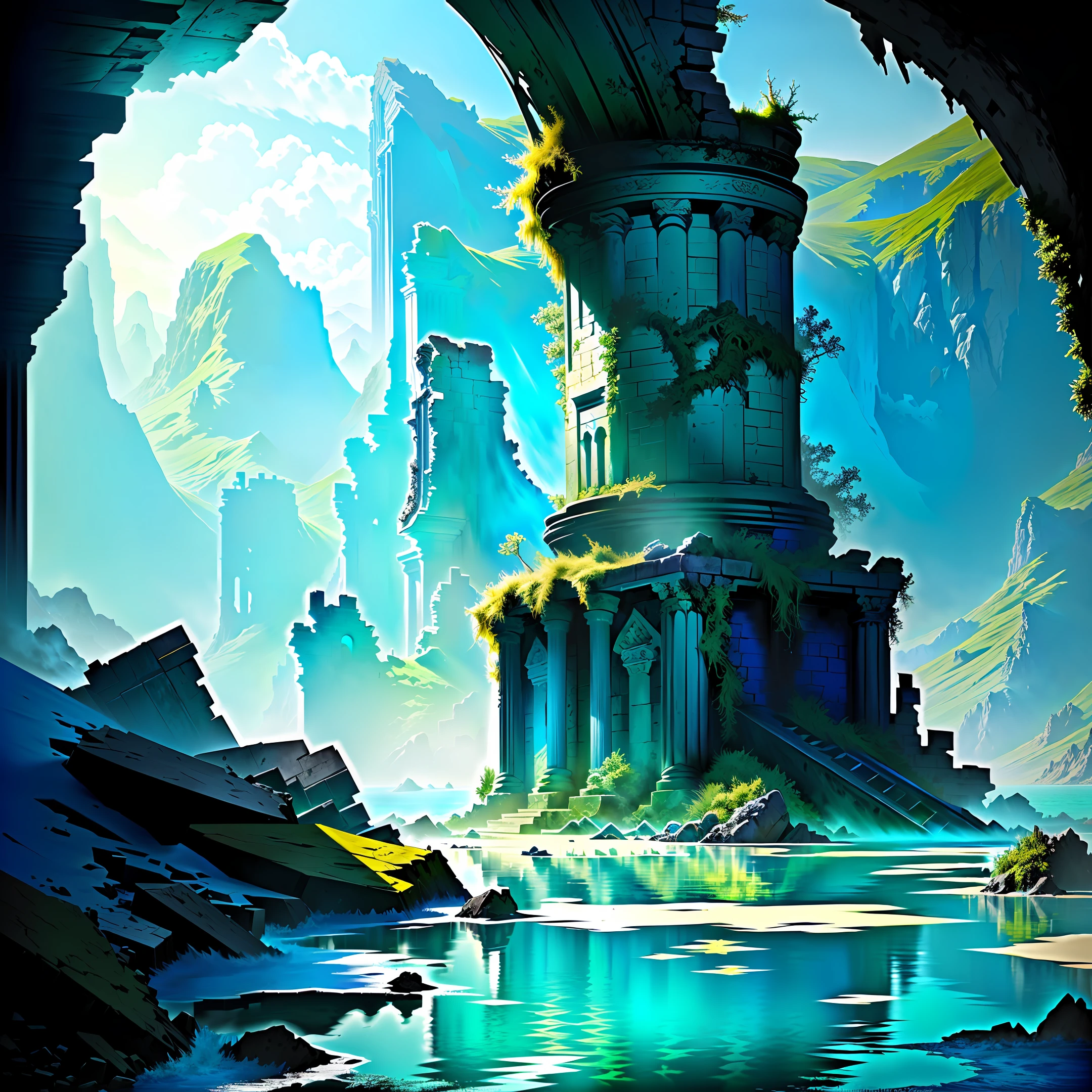 epic color blue green submerged ruined temple quadrangle with beastly sea dragon resting in the middle of it, vivid, fantasy, art