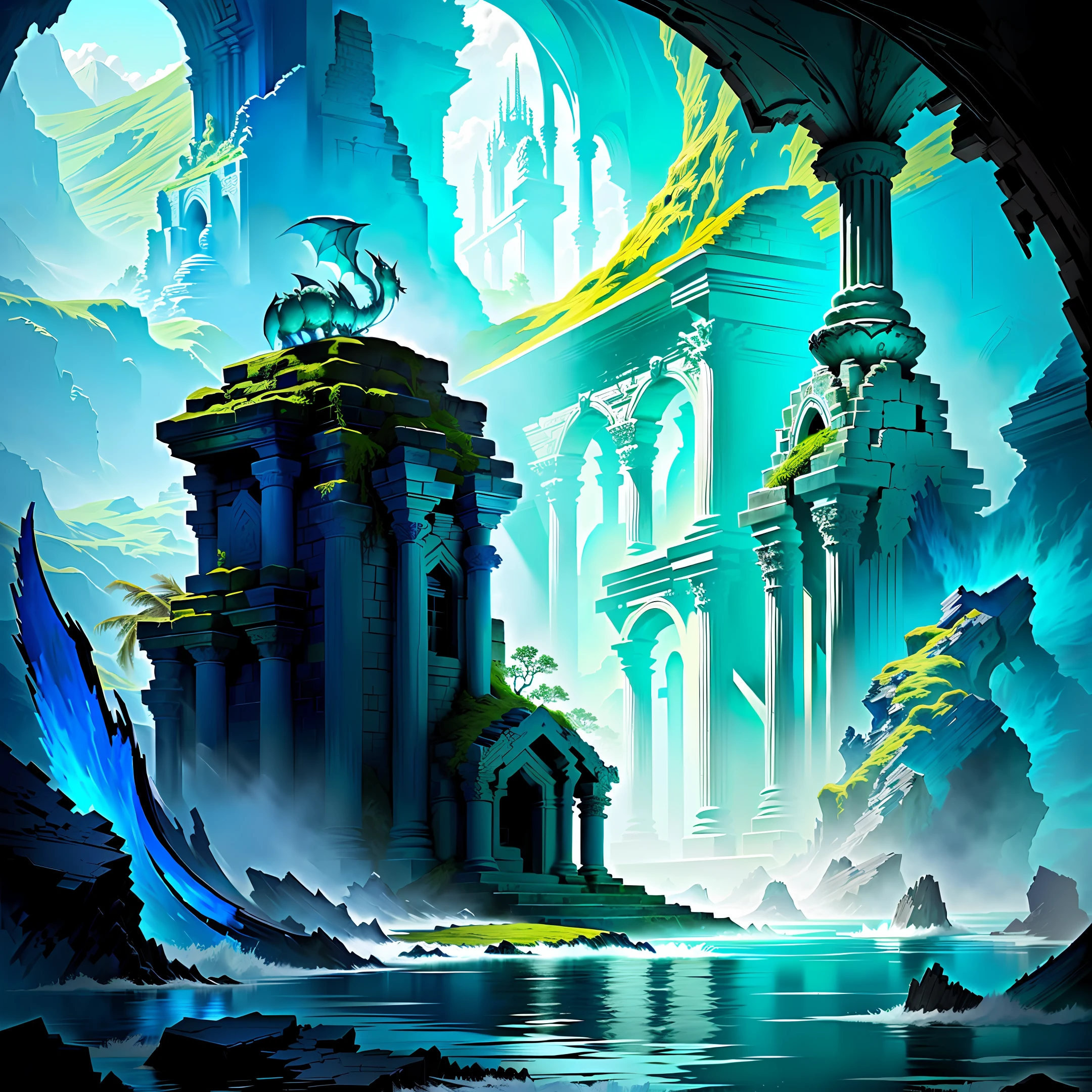 epic color blue green submerged ruined temple quadrangle with beastly sea dragon resting in the middle of it, vivid, fantasy, art