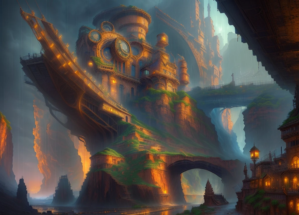 ((masterpiece)),((best quality)),((high detial)),((realistic,)) Industrial age city, deep canyons in the middle, architectural streets, bazaars, Bridges, rainy days, steampunk, European architecture