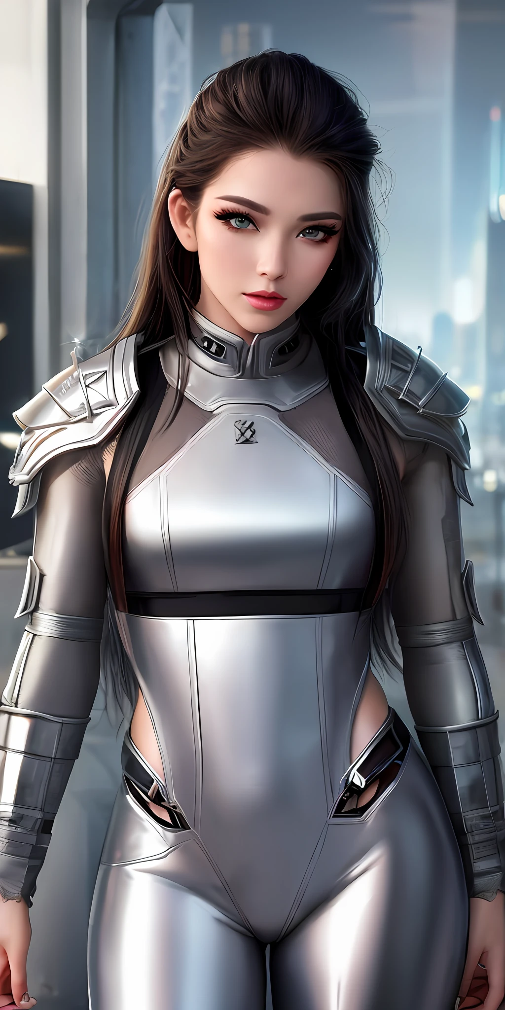 extremely mighty and beautiful, hold sword futurewarrior:1.4,Titanium armor:1.4,silver armor,Jumpsuit tights:1.2,ear phone:1.6,cyberpunk,science fiction,British,lipgloss,eyelashes,light skin,beauty face,makeup, gloss-face,blue eyes, narrow waist,sexy, charming, seductive, erotic, alluring, looking at viewer,masterpiece, realistic photography, asian gitl