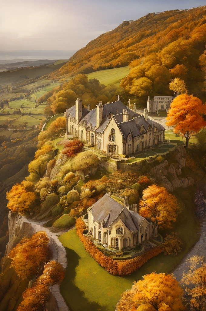 [Pre-Raphaelite painting] circular Celtic villa high on fortified hill, Celtic landscape, autumnal and golden tones