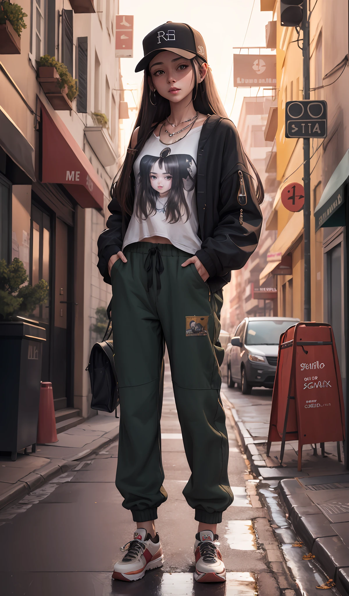 4k, realistic, carismatic, very detail, there is a girl in the street, she is a artist, soft theme, soft clothes, long hair, wearing baggy pants , 20 years old, full body, wearing snker shoes, diamond necklace