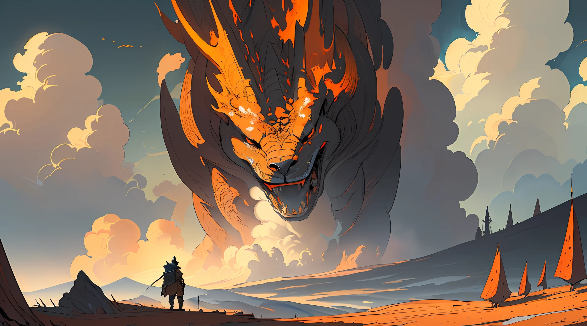 (Ultra detailed), (masterpiece), (best quality), (very detailed CG unit 8k wallpaper), (((extremely wide shot))), ((a medieval explorer)), male, exploring, deformed clouds, back view, on a small hill, male anatomy, complementary colors: black and orange, soft light, conceptual art, dramatic, cinematic, highly detailed, stylized wallpaper,