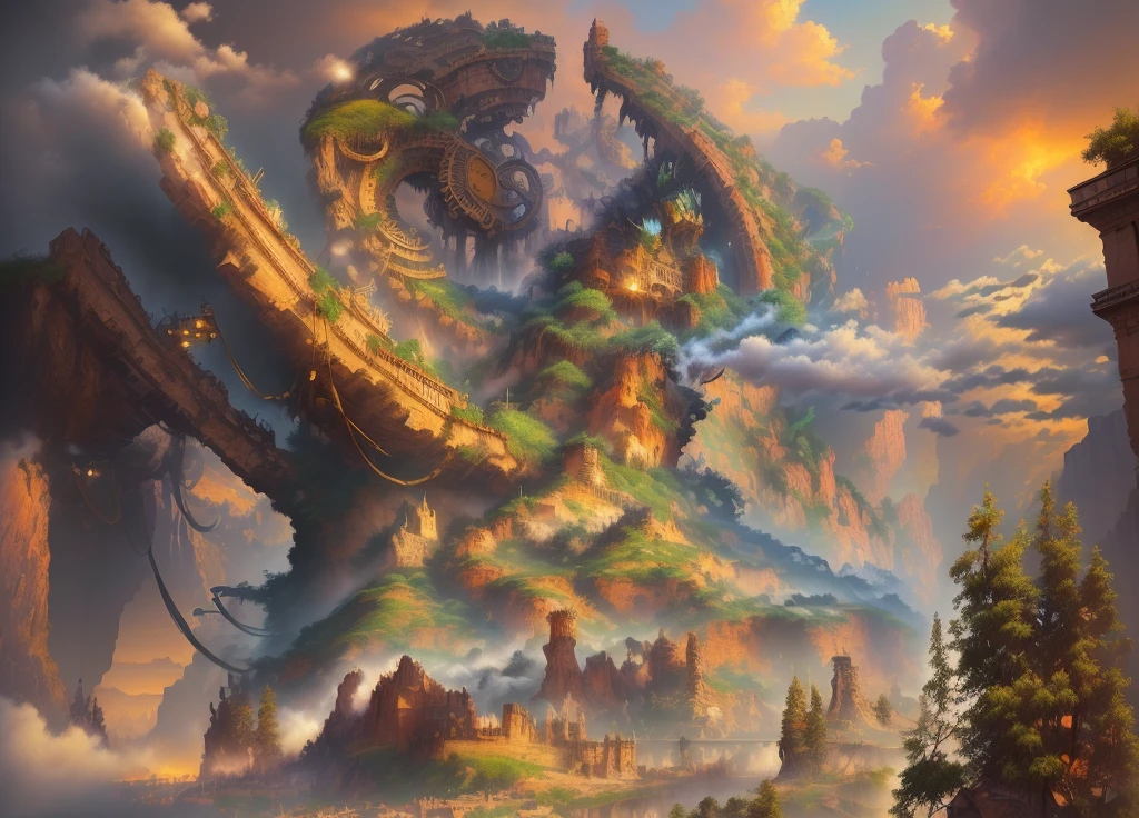 ((masterpiece)),((best quality)),((high detial)),((realistic,)) Industrial age city, deep canyons in the middle, architectural streets, bazaars, Bridges, rainy days, steampunk, European architecture
