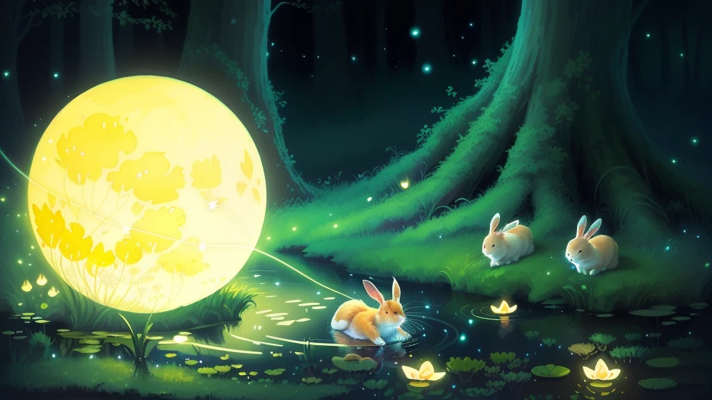 there is a painting of a rabbit and a rabbit in a pond, calm night. digital illustration, cozy night fireflies, dreamy illustration, adorable digital painting, a beautiful artwork illustration, moon light fish eye illustrator, cute detailed digital art, float under moon light at night, cute digital art, cute storybook illustration, magical forest with fireflies, a forest with bunnies