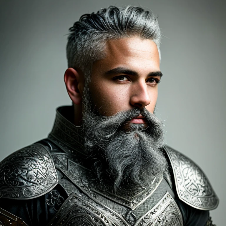 a mulatto soldier with a neat gray beard, very short gray hair, medieval armor, black, intricately ornamented, daylight, resplendent, late afternoon, epic light, fantasy, looking at camera, model pose