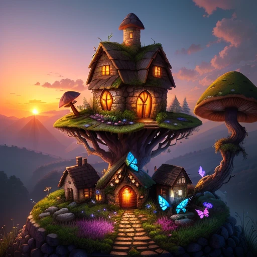 Mushroom house in a stone pile and grass pile on which stands a tree with lots of fairies and thick roots. Epic sunset in the back. 4k butterfly