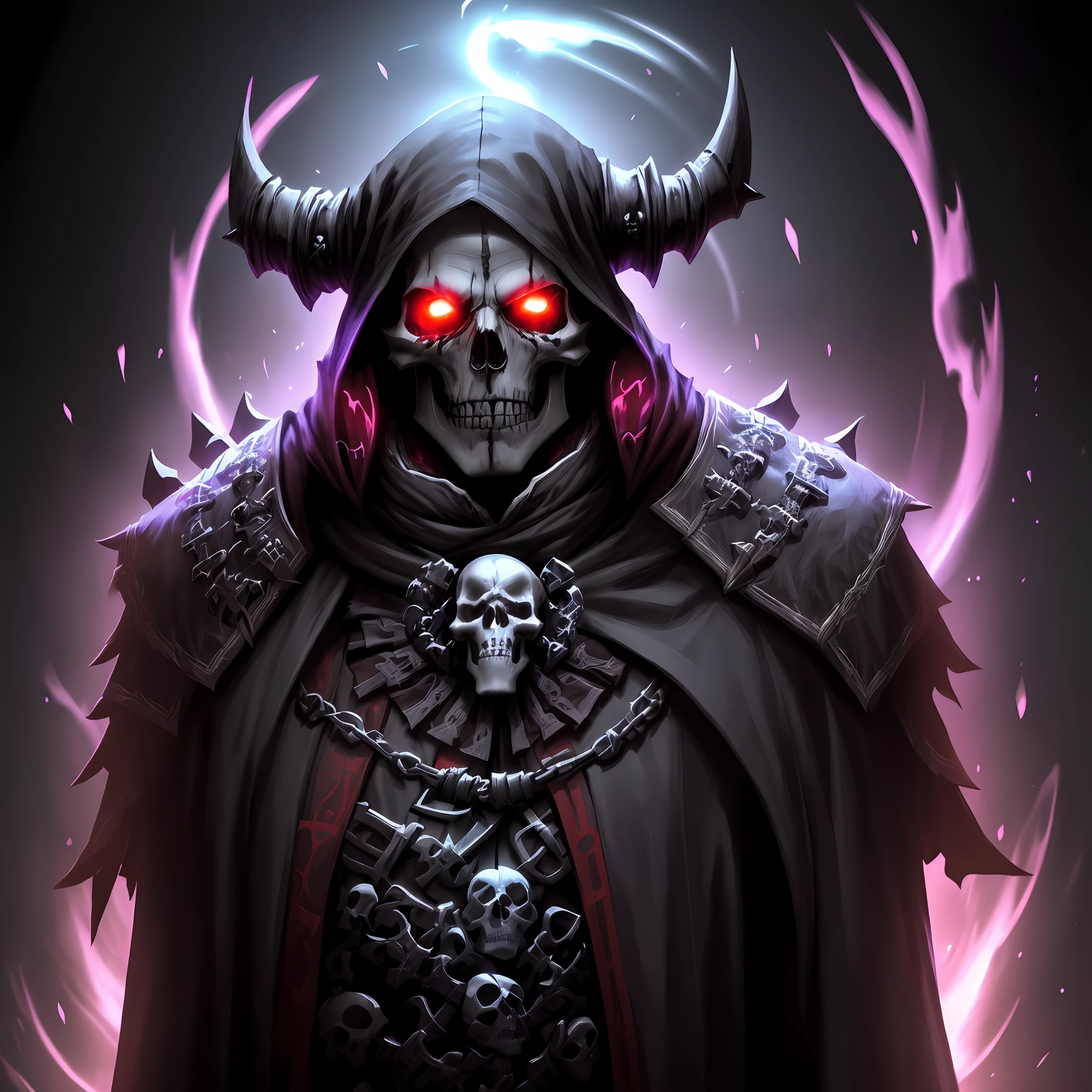 Necromancer with skulls on his shoulders, detailed clothes, dark and vivid colors, dark background