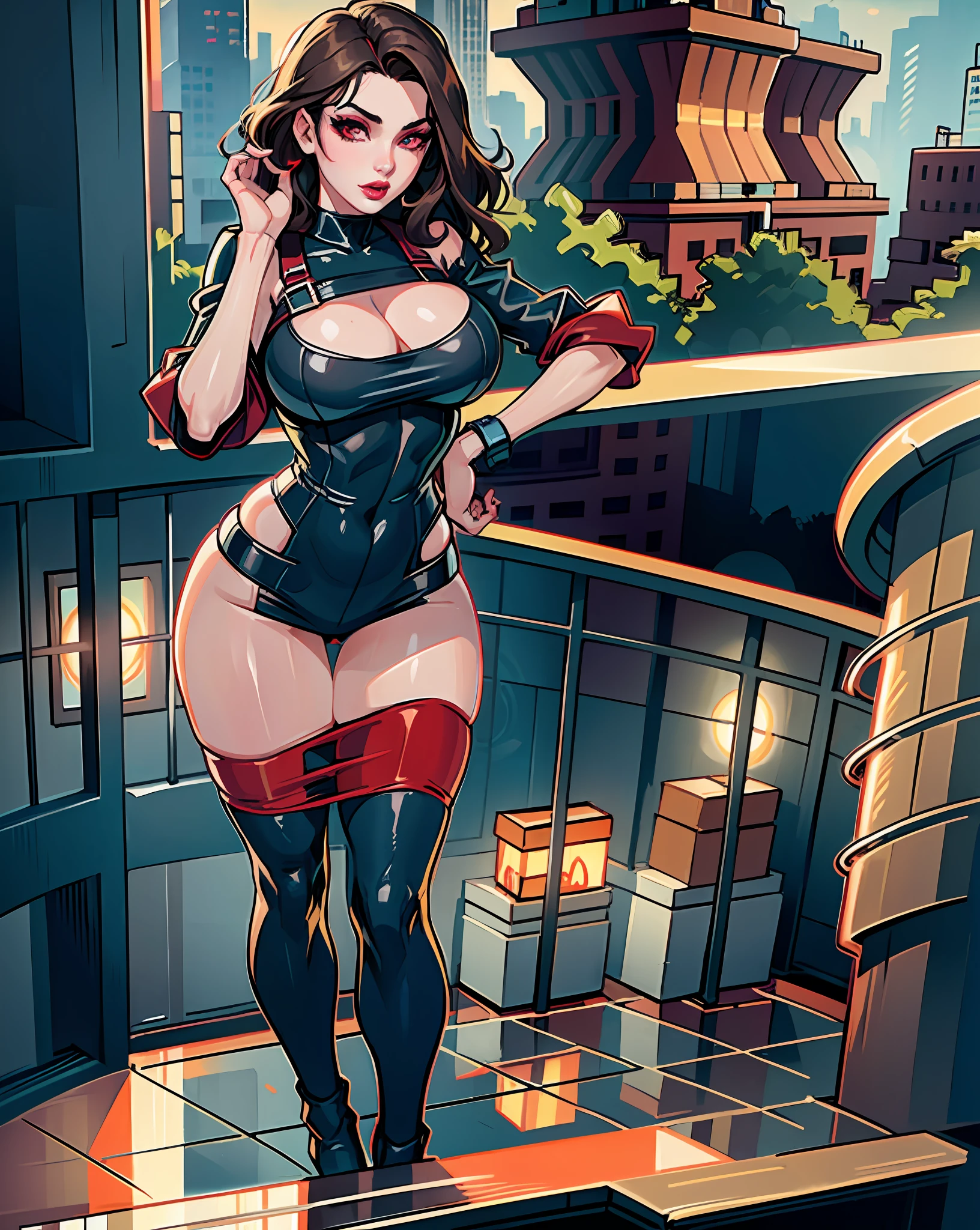 ((Night, Realistic Light, Best Quality, 8K, Masterpiece: 1.3)), Standing, Standing 1girl, curvy Beauty: 1.4, (Brown Hair, Big Breasts: 1.3), (cleavage: 1.2), see through bikini : 1.2, Bare Legs : 1.2, Super Fine Face, Detailed Eyes, stylish hair, detailed hair, dark red eyes, detailed eyes, red lipstick, pretty lips, anime style, highly detailed, volumetric lights