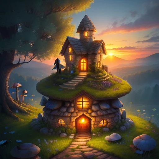 Mushroom house in a stone pile and grass pile on which stands a tree with lots of fairies and thick roots. Epic sunset in the back. 4k butterflies and fairies