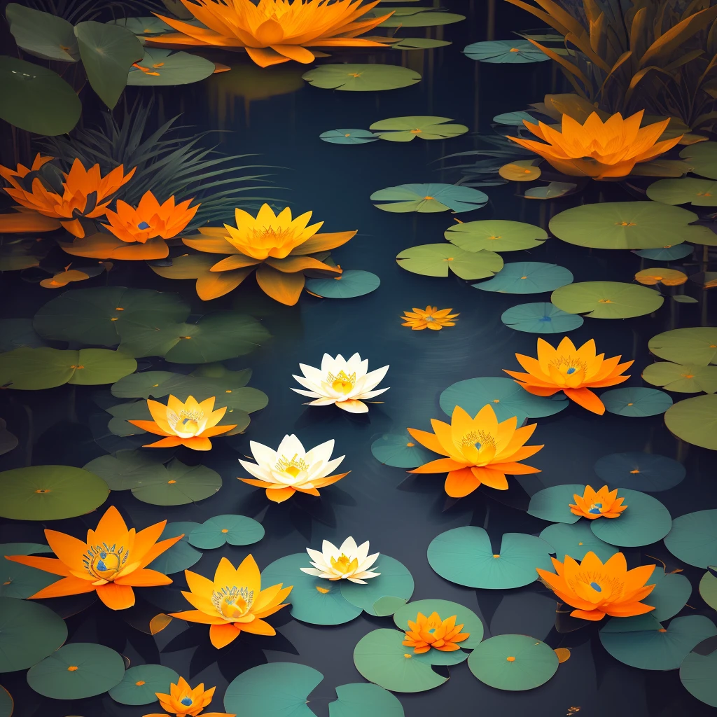 Colorful tropical paradise jungle dark blue light blue orange gold aged black and white with golden water lilies and orange flowers and fireflies