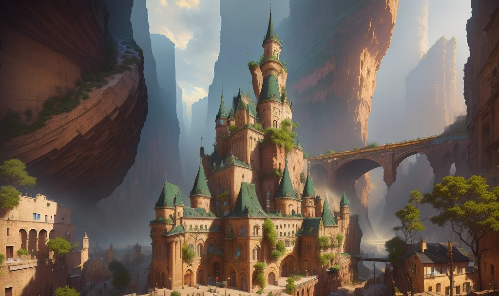 ((masterpiece)),((best quality)),((high detial)),((realistic,)) Industrial age city, deep canyons in the middle, architectural streets, bazaars, Bridges, rainy days, steampunk, European architecture
