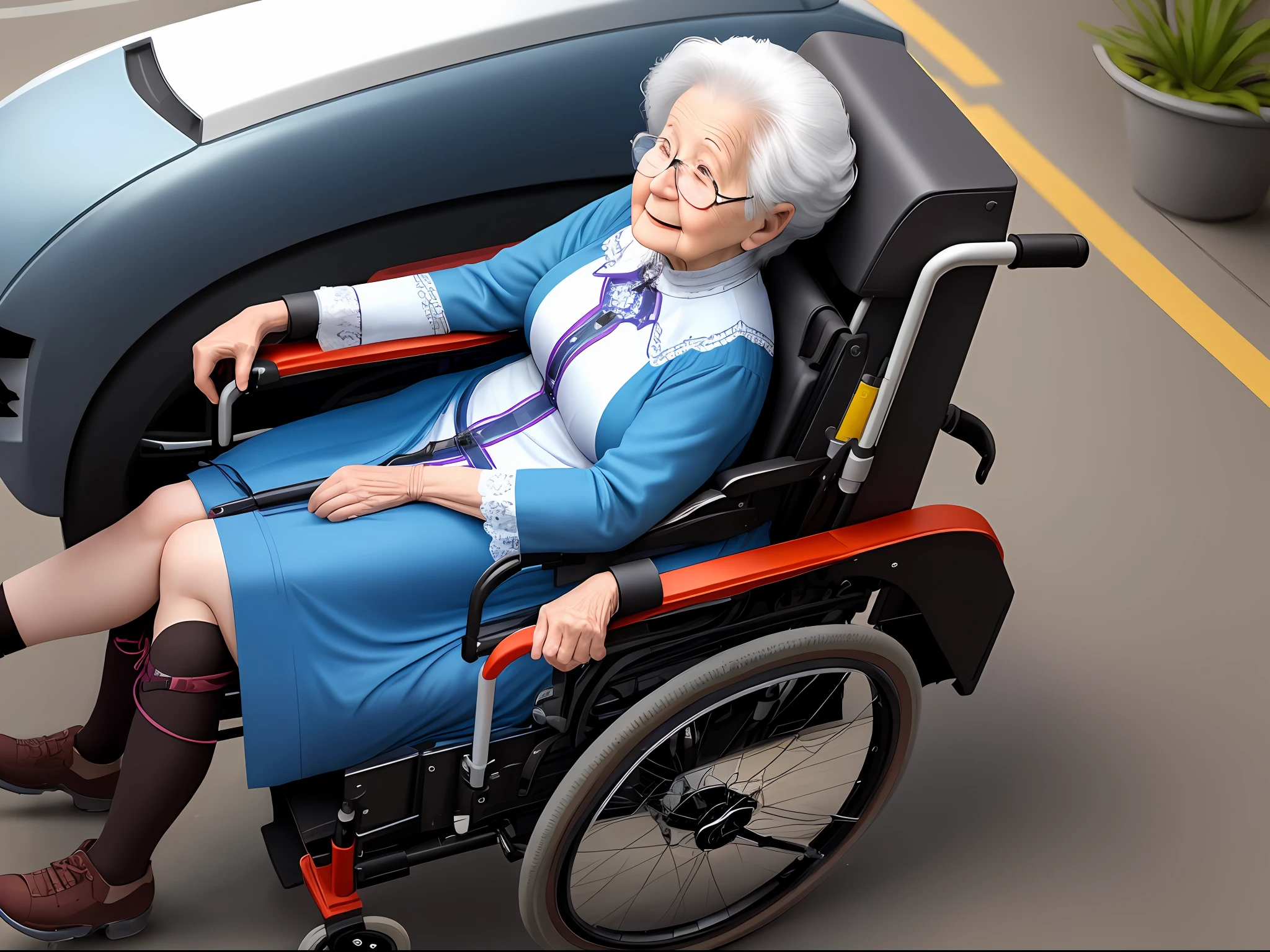 A grandmother sits in a high-tech wheelchair
