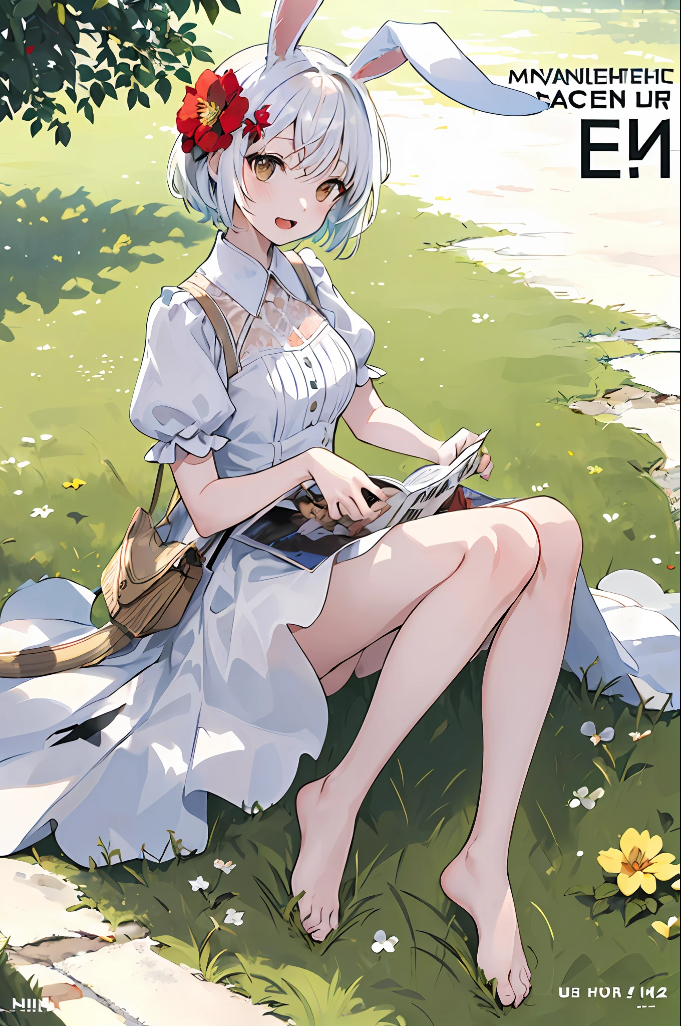 (masterpiece,best quality:1.5), 1girl, solo, solo focus, (animal ears, rabbit ears), barefoot, knees up, dress, sitting, short sleeves, looking at viewer, grass, short hair, smile, white hair, puffy sleeves, outdoors, puffy short sleeves, bangs, on ground, full body, animal, sunlight, brown eyes, dappled sunlight, day, depth of field, open mouth, (flower, hair flower), w, wariza, white dress,
(magazine:1.3), (cover-style:1.3), fashionable, woman, vibrant, outfit, posing, front, colorful, dynamic, background, elements, confident, expression, holding, statement, accessory, majestic, coiled, around, touch, scene, text, cover, bold, attention-grabbing, title, stylish, font, catchy, headline, larger, striking, modern, trendy, focus, fashion,