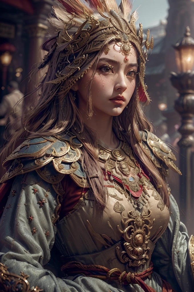 ((masterpiece))), (((best quality))), ((ultra-detailed)), (hyperrealistic), (highly detailed CG illustration), cinematic light, photorealistic ,extremely beautiful young lady, (beautiful face and lips), light makeup, big breast, intricate detailed eaba, red cape, spear, trending on artstation.