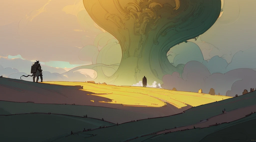 (Ultra detailed), (masterpiece), (best quality), (very detailed CG unit 8k wallpaper), (((extremely wide shot)))), ((a medieval explorer)), male, exploring, world of Shado of The Colossus, warped clouds, back view, on a small hill, male anatomy, colorful, soft light, conceptual art, dramatic, cinematic, highly detailed, stylized wallpaper,
