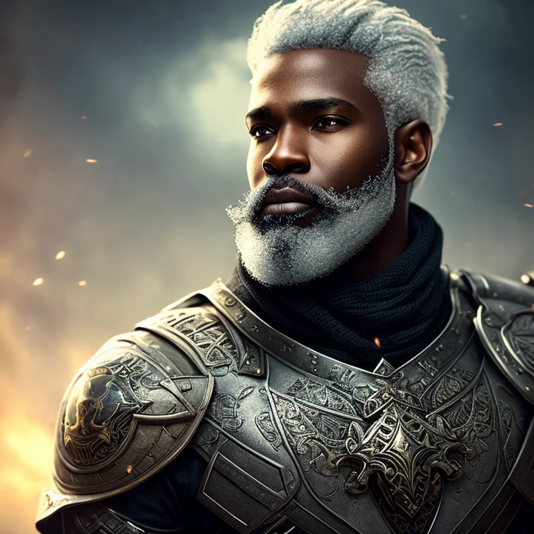 a black soldier with a thin, short, well-groomed gray beard, very short, gray hair, medieval armor, black, intricately ornamented, daylight, resplendent, late afternoon, epic light, fantasy, looking at the camera, pose of model