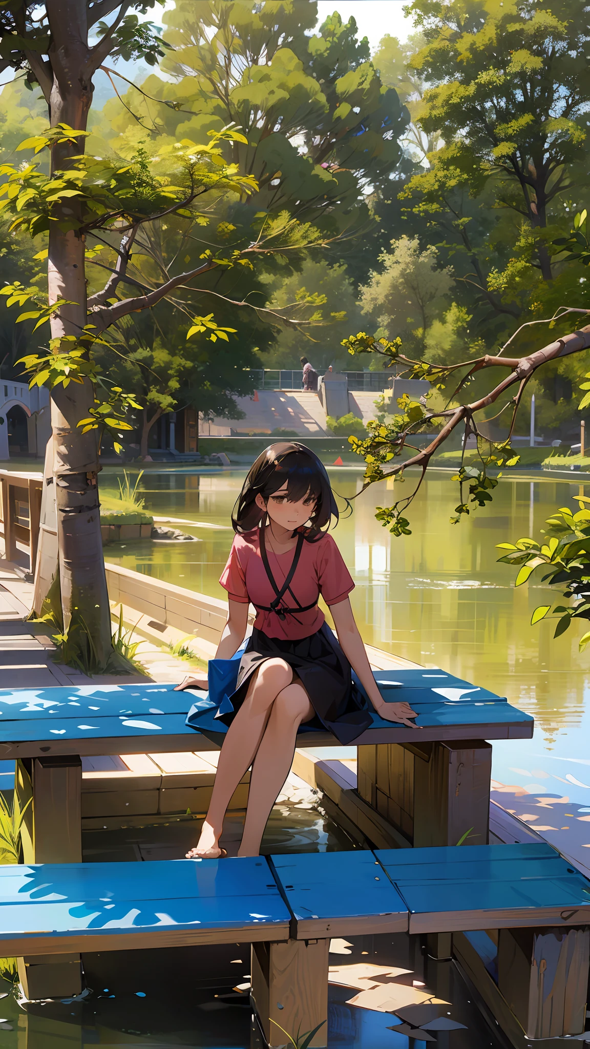 there is a woman sitting on a bench in the park, sitting near a river, nivanh chanthara, at the waterside, sitting in front of a lake, sitting at a pond, on a bridge, river in the background, next to a river, in a park, near a river, with lovely look, beside a river, at a park