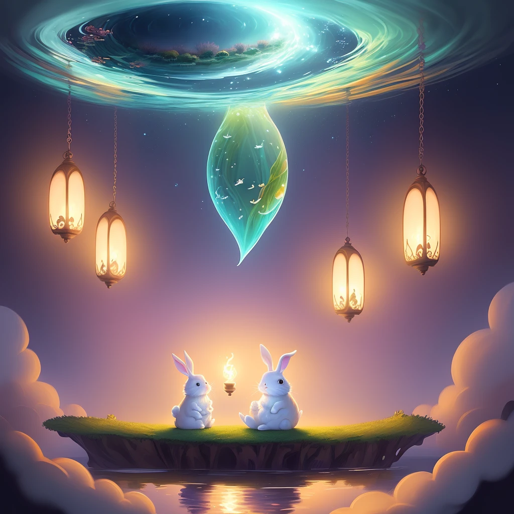 Rabbit and Pond, storybook illustration inspired by Cyril Rolando, winner of the pixiv competition, magical realism, calm nights. Digital illustration, cozy night firefly, dream illustration, cute digital painting, beautiful artwork illustration, illustrator, cute detailed digital art, floating in moonlight at night, HD, high resolution