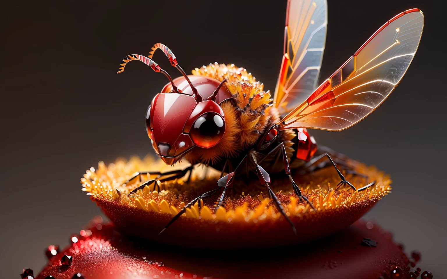 cute anthill covered with red crystal with cute red dragonfly on top, fanatasy,art